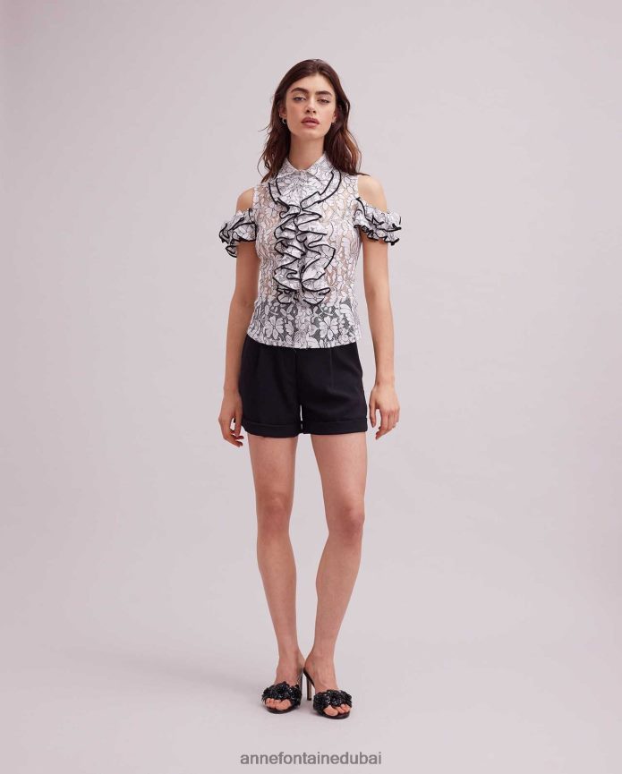 ملابس عبد اللطيف Anne Fontaine نحيف قميص روك من الدانتيل بأكتاف مكشوفة مع زخرفة متباينة وتفاصيل مكشكشة أسود/أبيض T622DL236