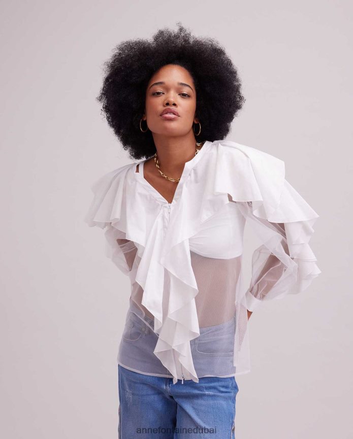 ملابس عبد اللطيف Anne Fontaine نحيف قميص جاليري قميص شبكي شفاف مع تفاصيل كشكش متتالية أبيض T622DL239