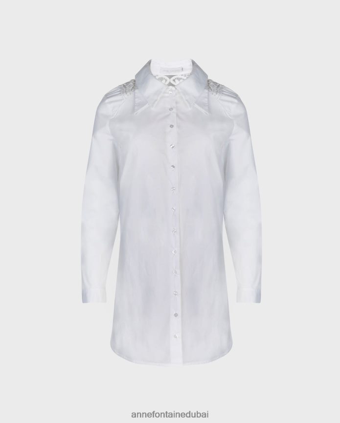 ملابس عبد اللطيف Anne Fontaine نحيف قميص إيلين قميص تونيك مع ظهر دانتيل شفاف أبيض T622DL240