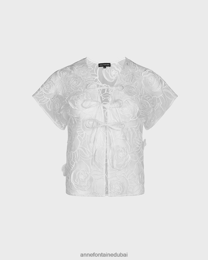 ملابس عبد اللطيف Anne Fontaine نحيف بلوزة فلور بلوزة شفافة مفتوحة من الأمام مع ورود زهرية ثلاثية الأبعاد أبيض T622DL241