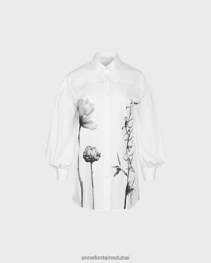ملابس عبد اللطيف Anne Fontaine نحيف قميص كلاي بأكمام طويلة وقميص كلاسيكي مزين بالزهور أسود / أبيض / رمادي T622DL242