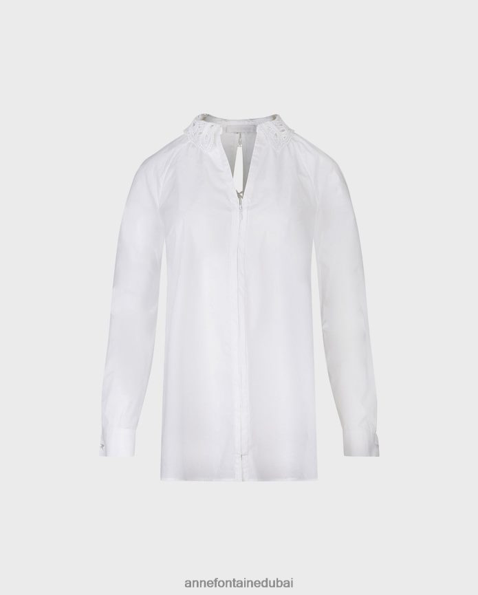 ملابس عبد اللطيف Anne Fontaine نحيف قميص الباسك قميص كلاسيكي طويل الأكمام مع ياقة دانتيل وأساور فرنسية أبيض T622DL243