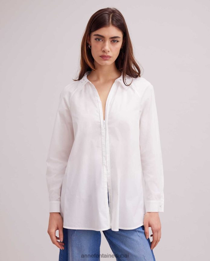 ملابس عبد اللطيف Anne Fontaine نحيف قميص الباسك قميص كلاسيكي طويل الأكمام مع ياقة دانتيل وأساور فرنسية أبيض T622DL243
