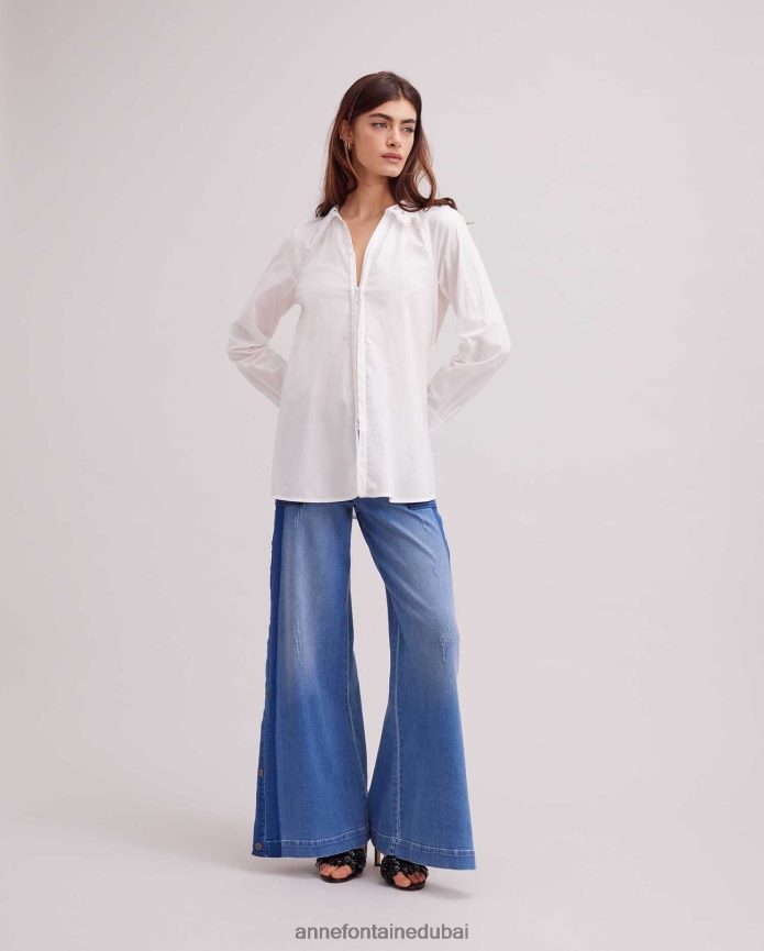 ملابس عبد اللطيف Anne Fontaine نحيف قميص الباسك قميص كلاسيكي طويل الأكمام مع ياقة دانتيل وأساور فرنسية أبيض T622DL243