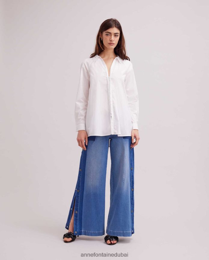 ملابس عبد اللطيف Anne Fontaine نحيف قميص الباسك قميص كلاسيكي طويل الأكمام مع ياقة دانتيل وأساور فرنسية أبيض T622DL243