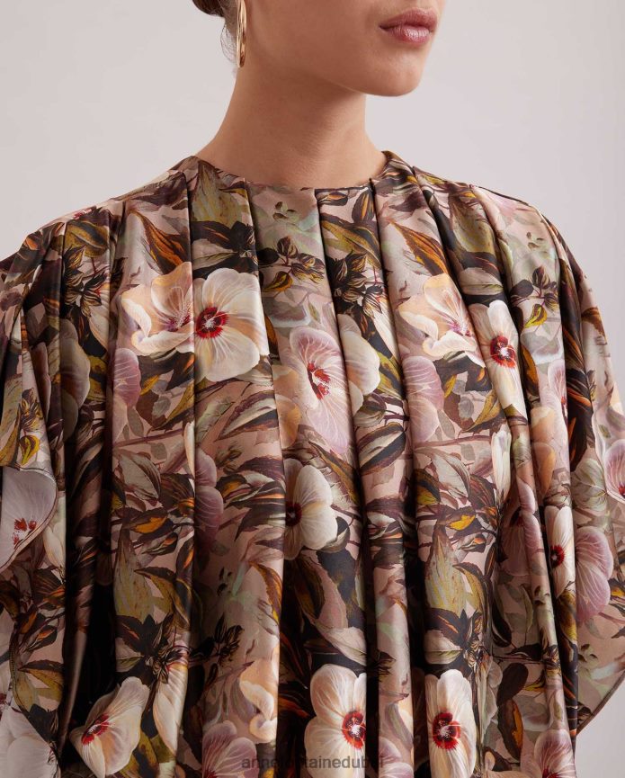 ملابس عبد اللطيف Anne Fontaine نحيف بلوزة حريرية مطبوعة بالأزهار بأكمام جناح الخفاش وطيات على كامل الجسم بني T622DL246