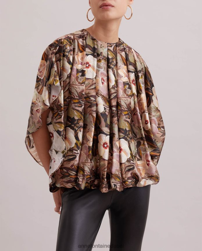 ملابس عبد اللطيف Anne Fontaine نحيف بلوزة حريرية مطبوعة بالأزهار بأكمام جناح الخفاش وطيات على كامل الجسم بني T622DL246