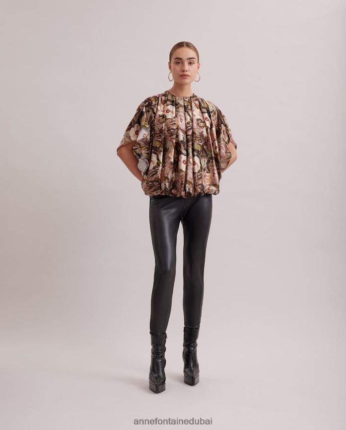 ملابس عبد اللطيف Anne Fontaine نحيف بلوزة حريرية مطبوعة بالأزهار بأكمام جناح الخفاش وطيات على كامل الجسم بني T622DL246