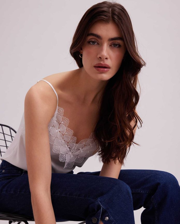 ملابس عبد اللطيف Anne Fontaine نحيف قميص داخلي من الحرير العلوي مع حواف من الدانتيل أبيض T622DL249