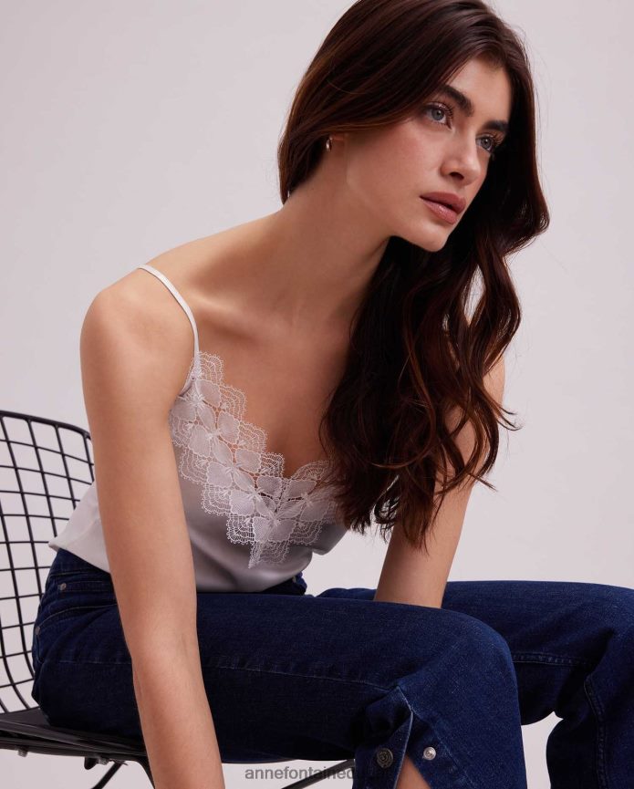 ملابس عبد اللطيف Anne Fontaine نحيف قميص داخلي من الحرير العلوي مع حواف من الدانتيل أبيض T622DL249