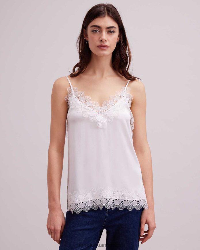 ملابس عبد اللطيف Anne Fontaine نحيف قميص داخلي من الحرير العلوي مع حواف من الدانتيل أبيض T622DL249