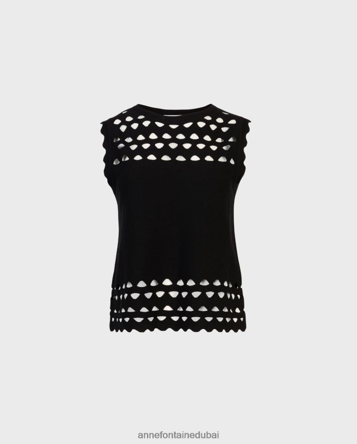ملابس عبد اللطيف Anne Fontaine نحيف بلوفر متماسك بدون أكمام من تابلوه مع تفاصيل مقصوصة أسود T622DL252