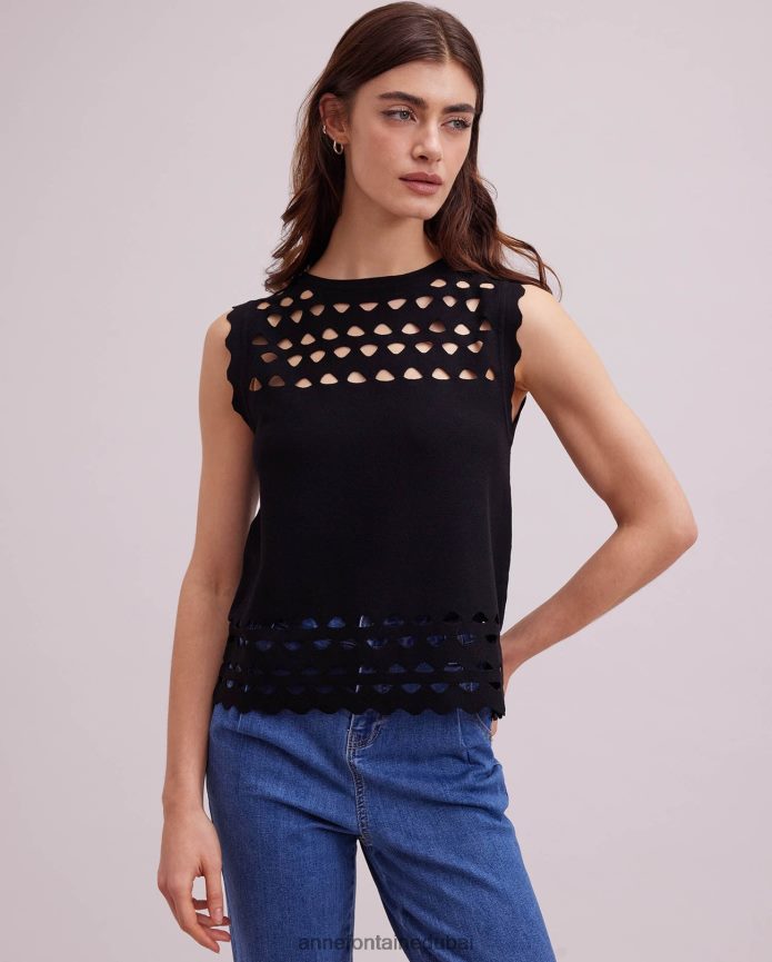 ملابس عبد اللطيف Anne Fontaine نحيف بلوفر متماسك بدون أكمام من تابلوه مع تفاصيل مقصوصة أسود T622DL252