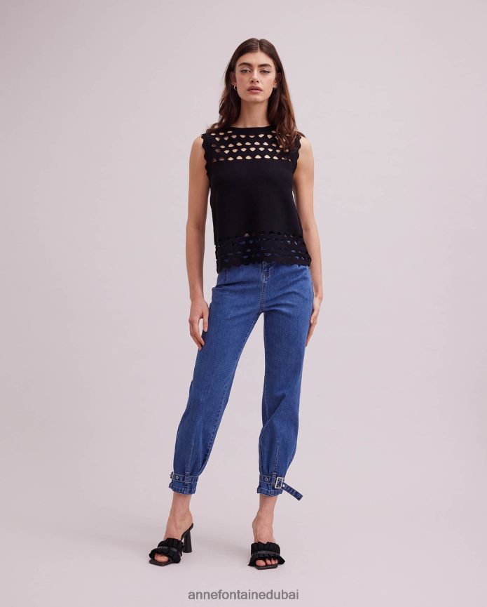 ملابس عبد اللطيف Anne Fontaine نحيف بلوفر متماسك بدون أكمام من تابلوه مع تفاصيل مقصوصة أسود T622DL252