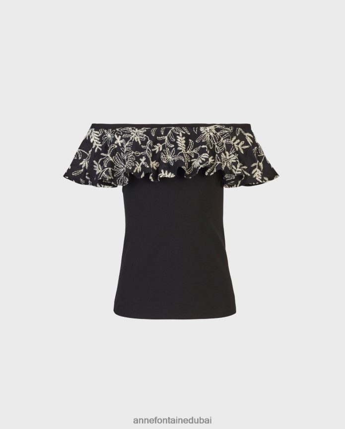 ملابس عبد اللطيف Anne Fontaine نحيف جزء علوي من فوزين مع طبقة خارجية من الأزهار أسود/أبيض T622DL255