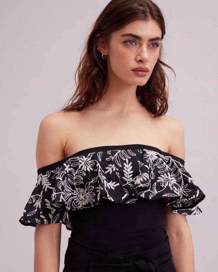 ملابس عبد اللطيف Anne Fontaine نحيف جزء علوي من فوزين مع طبقة خارجية من الأزهار أسود/أبيض T622DL255