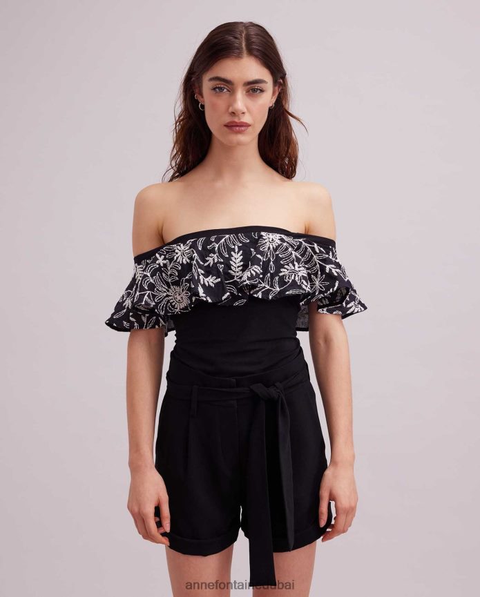 ملابس عبد اللطيف Anne Fontaine نحيف جزء علوي من فوزين مع طبقة خارجية من الأزهار أسود/أبيض T622DL255