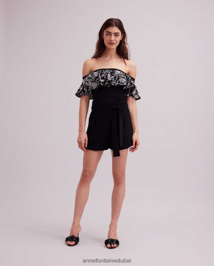 ملابس عبد اللطيف Anne Fontaine نحيف جزء علوي من فوزين مع طبقة خارجية من الأزهار أسود/أبيض T622DL255