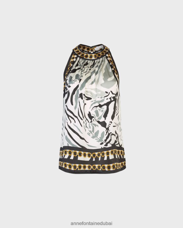 ملابس عبد اللطيف Anne Fontaine نحيف جوان توب هالتر مع تصميم الحمار الوحشي الحريري أسود T622DL256