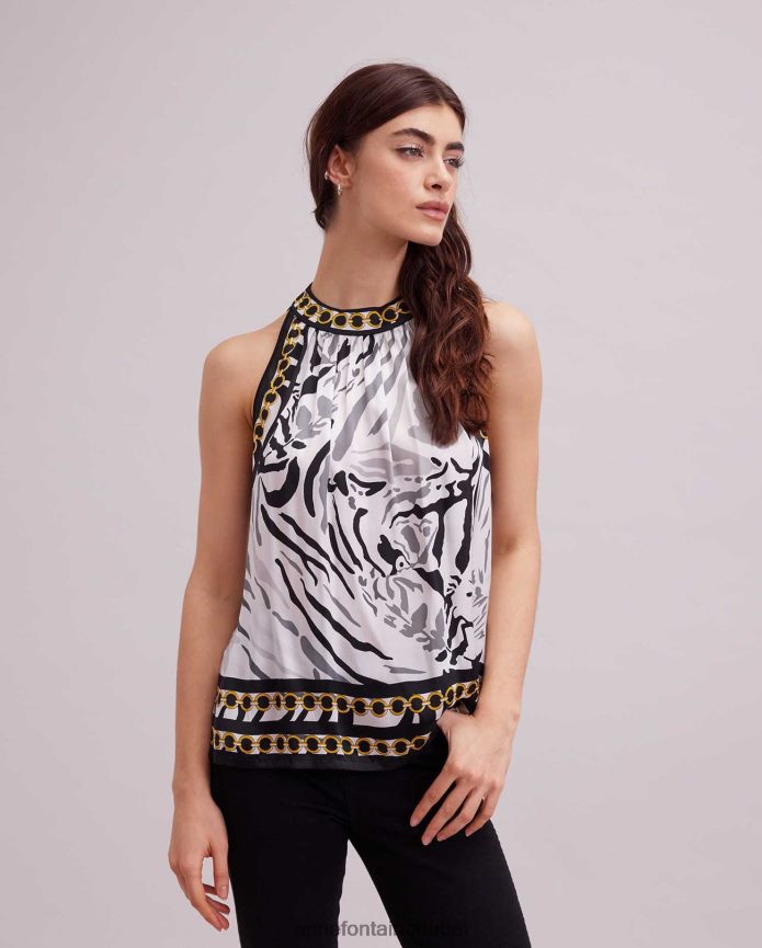 ملابس عبد اللطيف Anne Fontaine نحيف جوان توب هالتر مع تصميم الحمار الوحشي الحريري أسود T622DL256