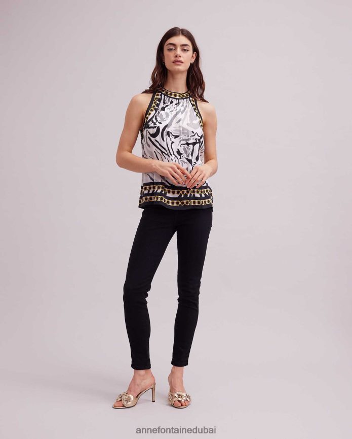 ملابس عبد اللطيف Anne Fontaine نحيف جوان توب هالتر مع تصميم الحمار الوحشي الحريري أسود T622DL256