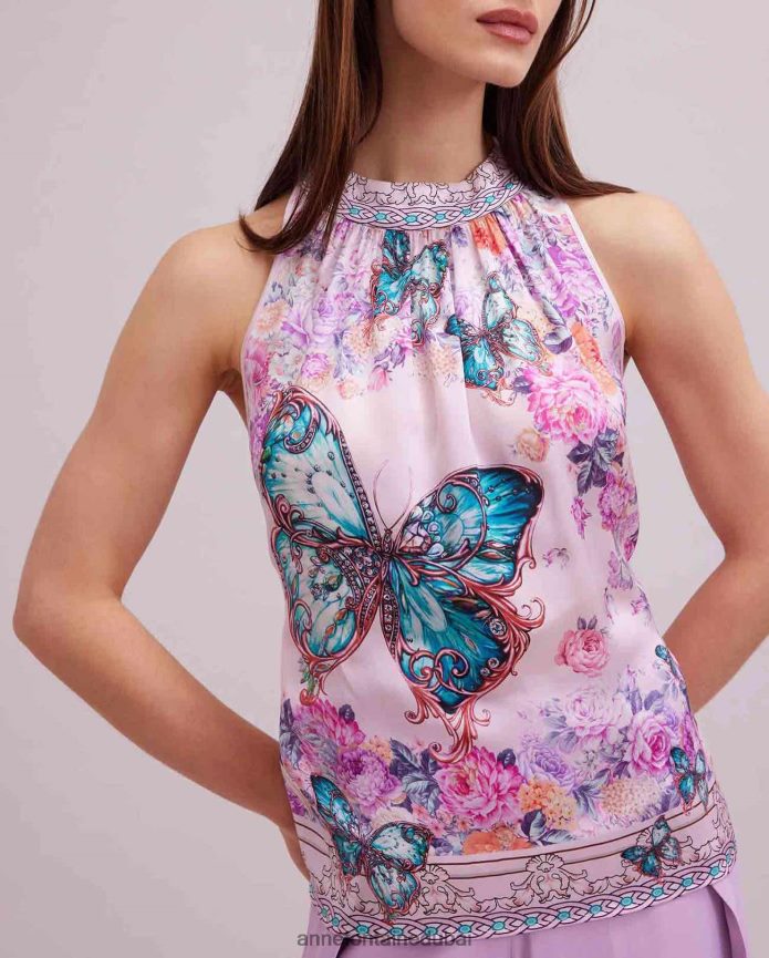 ملابس عبد اللطيف Anne Fontaine نحيف أراما توب هالتر مع تصميم مطبوع على شكل فراشة وزهور لون القرنفل T622DL258