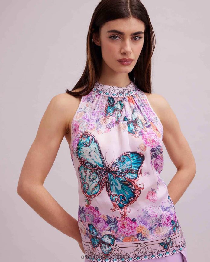 ملابس عبد اللطيف Anne Fontaine نحيف أراما توب هالتر مع تصميم مطبوع على شكل فراشة وزهور لون القرنفل T622DL258