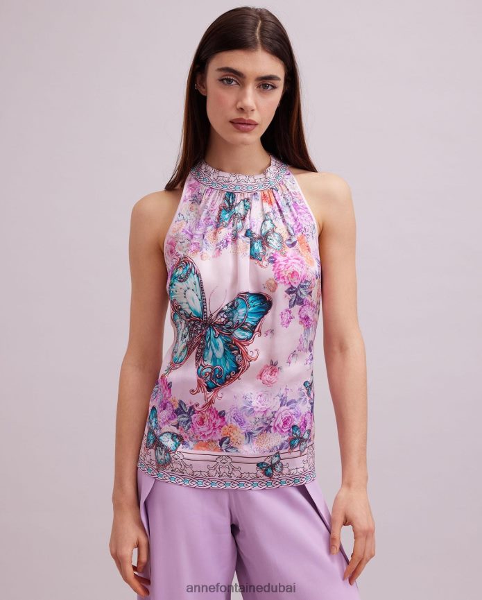 ملابس عبد اللطيف Anne Fontaine نحيف أراما توب هالتر مع تصميم مطبوع على شكل فراشة وزهور لون القرنفل T622DL258