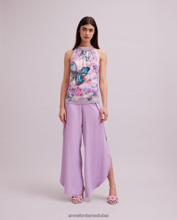 ملابس عبد اللطيف Anne Fontaine نحيف أراما توب هالتر مع تصميم مطبوع على شكل فراشة وزهور لون القرنفل T622DL258