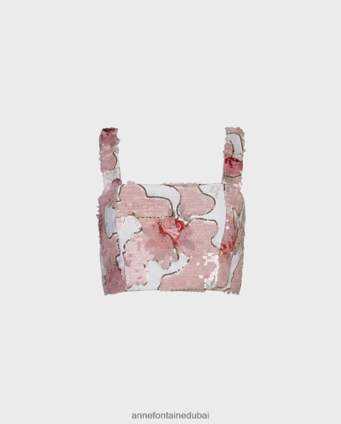 ملابس عبد اللطيف Anne Fontaine نحيف بلوزة قصيرة لطيفة وقطعة علوية قصيرة مطرزة بالترتر على شكل وردة وردي/أبيض T622DL260