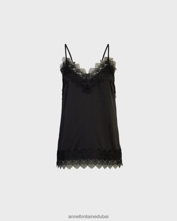 ملابس عبد اللطيف Anne Fontaine نحيف قميص داخلي من الحرير من الصبار مع حواف من الدانتيل أسود T622DL262