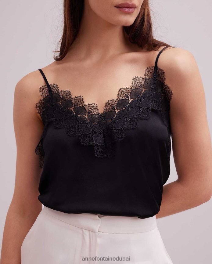 ملابس عبد اللطيف Anne Fontaine نحيف قميص داخلي من الحرير من الصبار مع حواف من الدانتيل أسود T622DL262