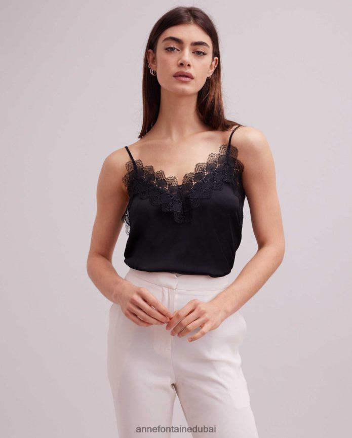 ملابس عبد اللطيف Anne Fontaine نحيف قميص داخلي من الحرير من الصبار مع حواف من الدانتيل أسود T622DL262