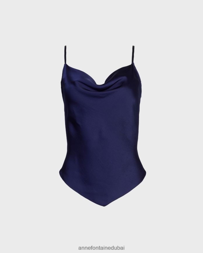 ملابس عبد اللطيف Anne Fontaine نحيف ريفليت أعلى قمة الساتان بلا أكمام مع تنحنح منديل أزرق T622DL264