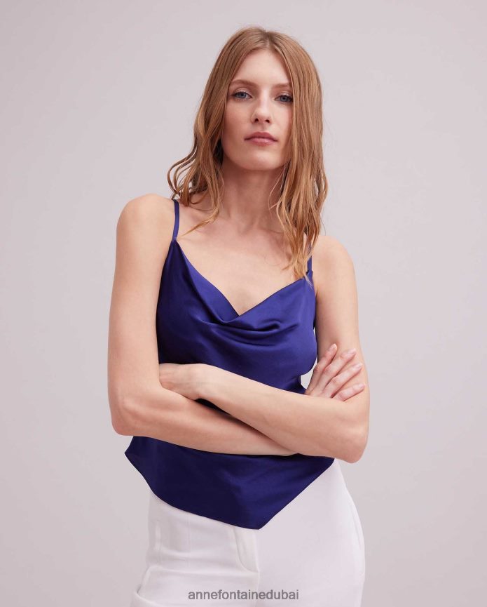 ملابس عبد اللطيف Anne Fontaine نحيف ريفليت أعلى قمة الساتان بلا أكمام مع تنحنح منديل أزرق T622DL264