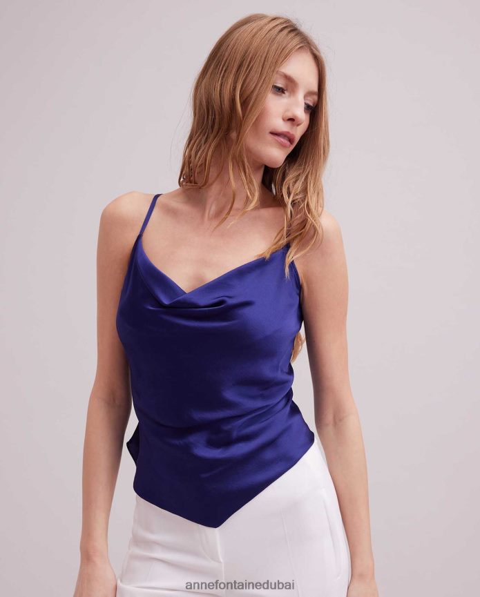 ملابس عبد اللطيف Anne Fontaine نحيف ريفليت أعلى قمة الساتان بلا أكمام مع تنحنح منديل أزرق T622DL264