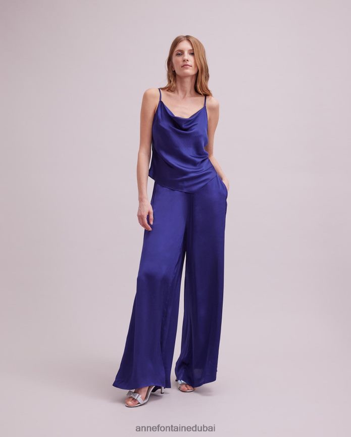 ملابس عبد اللطيف Anne Fontaine نحيف ريفليت أعلى قمة الساتان بلا أكمام مع تنحنح منديل أزرق T622DL264