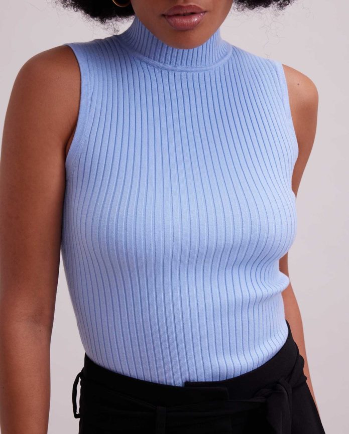 ملابس عبد اللطيف Anne Fontaine نحيف قمة منفردة بدون أكمام متماسكة مضلعة أزرق فاتح T622DL267