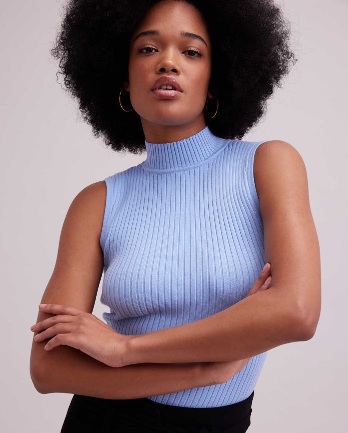 ملابس عبد اللطيف Anne Fontaine نحيف قمة منفردة بدون أكمام متماسكة مضلعة أزرق فاتح T622DL267