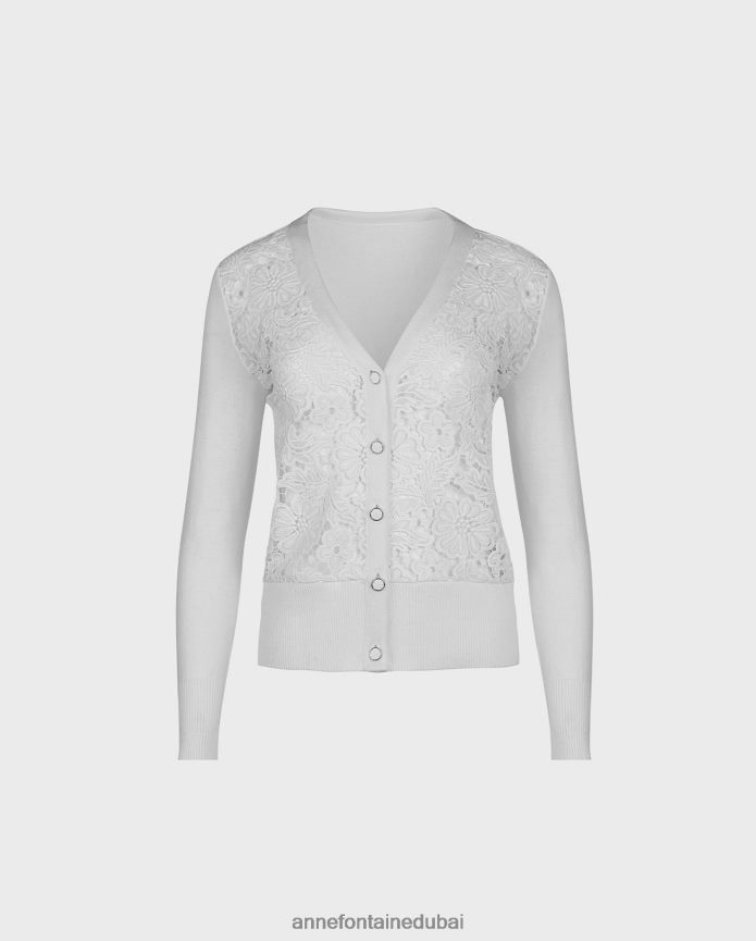 ملابس عبد اللطيف Anne Fontaine نحيف سترة أزالي كارديجان طويلة الأكمام من الدانتيل الزهري مع حواف متماسكة مضلعة أبيض T622DL268