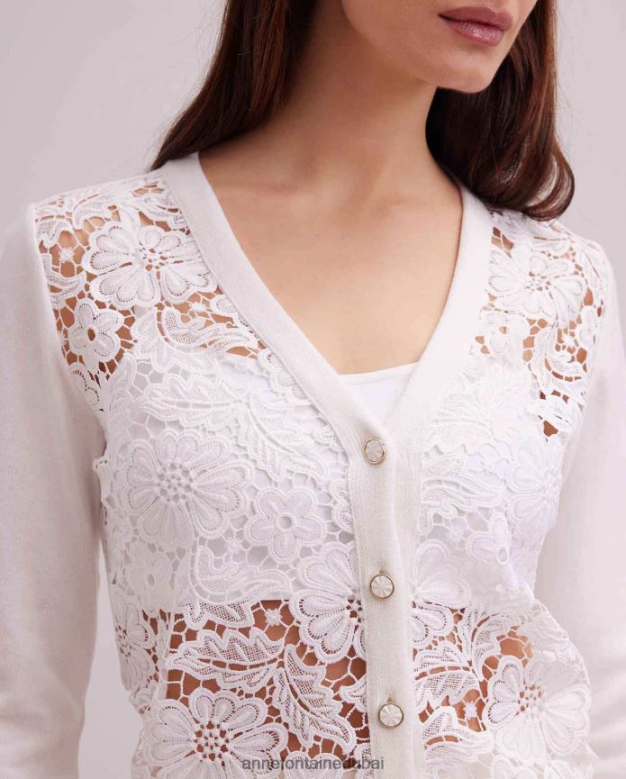 ملابس عبد اللطيف Anne Fontaine نحيف سترة أزالي كارديجان طويلة الأكمام من الدانتيل الزهري مع حواف متماسكة مضلعة أبيض T622DL268