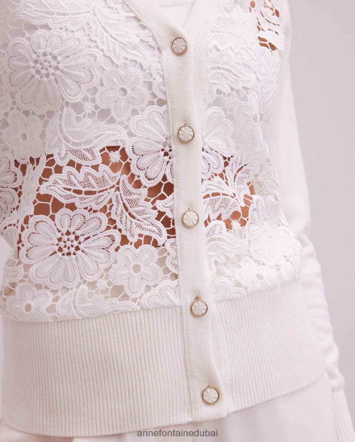 ملابس عبد اللطيف Anne Fontaine نحيف سترة أزالي كارديجان طويلة الأكمام من الدانتيل الزهري مع حواف متماسكة مضلعة أبيض T622DL268