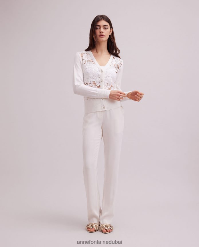 ملابس عبد اللطيف Anne Fontaine نحيف سترة أزالي كارديجان طويلة الأكمام من الدانتيل الزهري مع حواف متماسكة مضلعة أبيض T622DL268