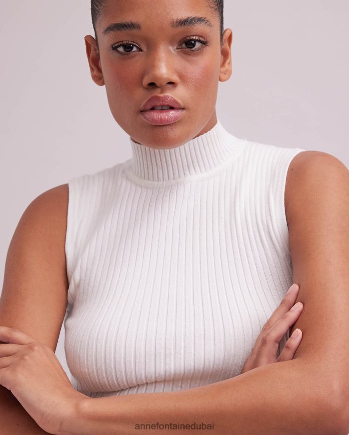 ملابس عبد اللطيف Anne Fontaine نحيف بلوزة منفردة بدون أكمام وياقة مدورة متماسكة أبيض T622DL269