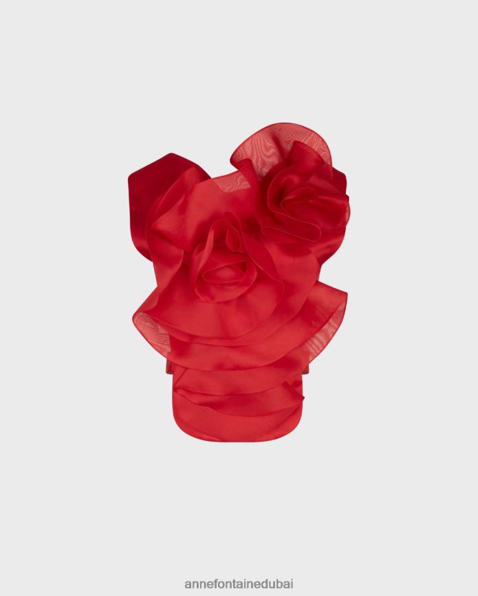 ملابس عبد اللطيف Anne Fontaine نحيف واجهة قميص حريرية بواجهة قميص القارئ مع زهرة كبيرة التانغو الأحمر T622DL273