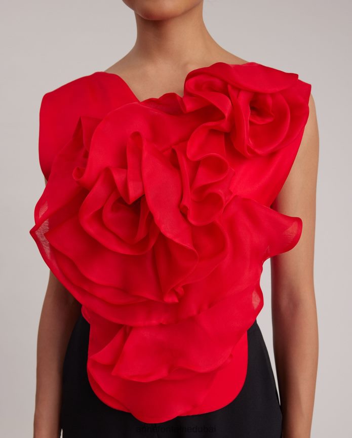 ملابس عبد اللطيف Anne Fontaine نحيف واجهة قميص حريرية بواجهة قميص القارئ مع زهرة كبيرة التانغو الأحمر T622DL273