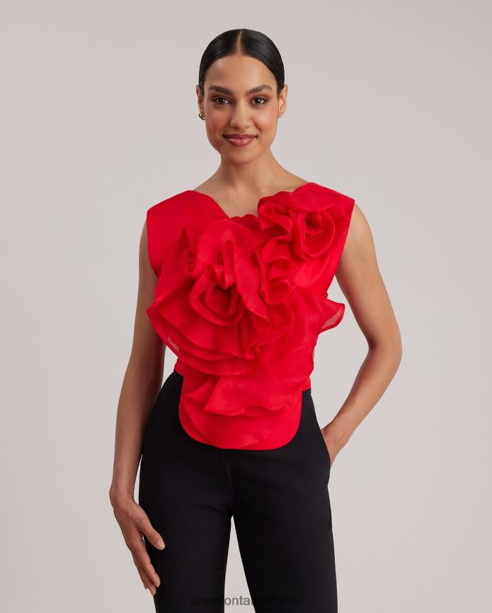 ملابس عبد اللطيف Anne Fontaine نحيف واجهة قميص حريرية بواجهة قميص القارئ مع زهرة كبيرة التانغو الأحمر T622DL273