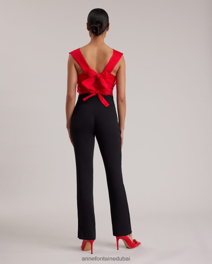 ملابس عبد اللطيف Anne Fontaine نحيف واجهة قميص حريرية بواجهة قميص القارئ مع زهرة كبيرة التانغو الأحمر T622DL273