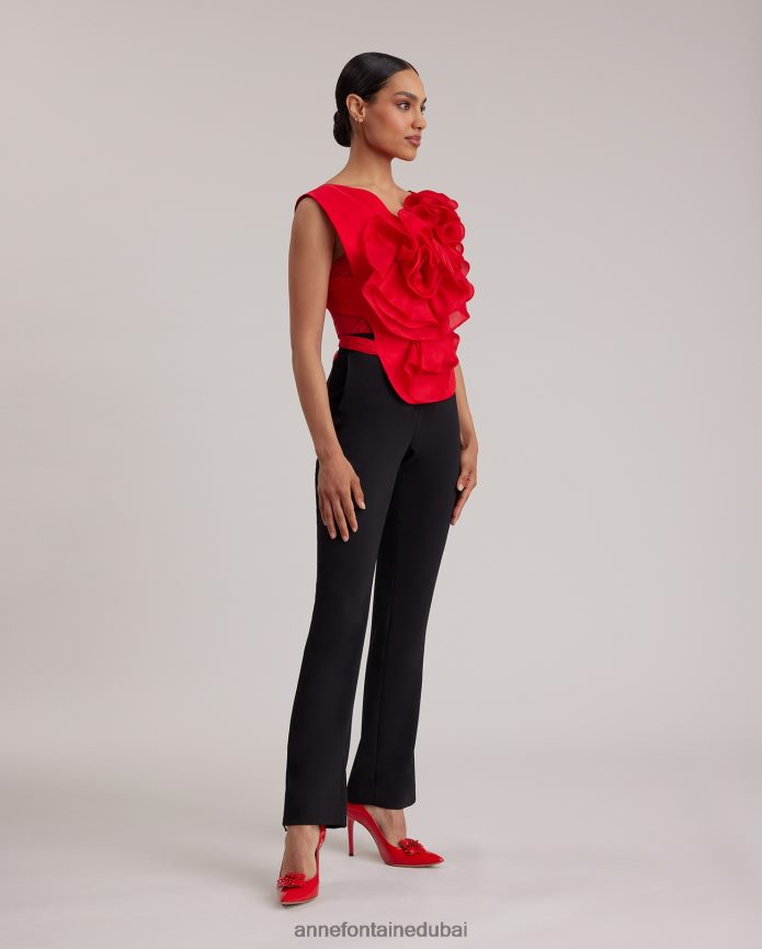 ملابس عبد اللطيف Anne Fontaine نحيف واجهة قميص حريرية بواجهة قميص القارئ مع زهرة كبيرة التانغو الأحمر T622DL273