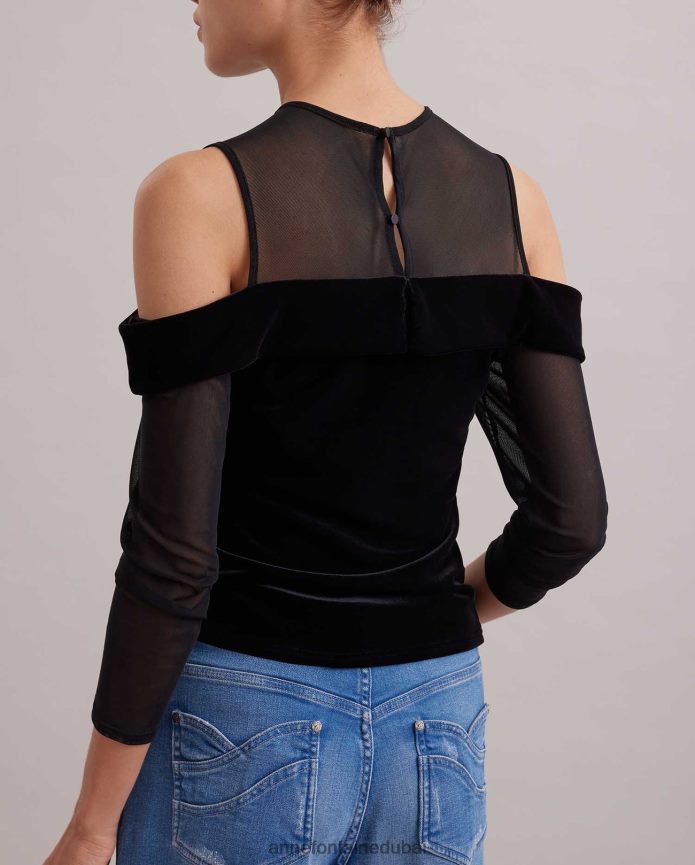 ملابس عبد اللطيف Anne Fontaine نحيف قمة داكنة بأكمام طويلة من المخمل وقمة كتف باردة شفافة أسود T622DL274